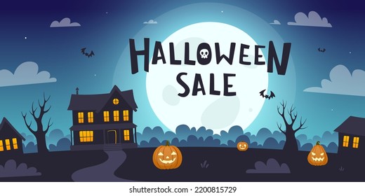 Halloween sale banner with creepy village silhouette in the moonlight. Halloween placard with night landscape.