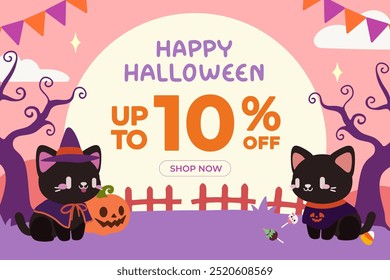 Halloween Sale Banner mit süßen schwarzen Katzen in Hexenkostümen. Happy Halloween Discount Promo mit entzückenden Katzen und Kürbisse. Spooky Halloween Sale Anzeige mit süßen schwarzen Katzen und festlichen Elementen.