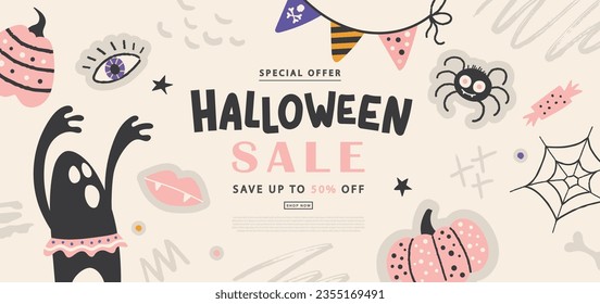 Halloween sale banner with cute elements.Background with funny boogeyman, puck, pumpkins, candy and others.Vector illustration