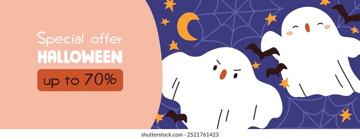 Halloween sale banner. Cute ghosts, October 31 shopping promotion design. Festive fall, Trick or Treat holiday background, shop discount template with funny spooks. Kids flat vector illustration