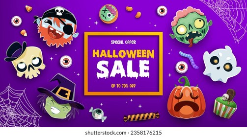 Halloween sale banner with cute holiday emoji faces of spooky pumpkin, skull, witch and ghost vector characters. Discount offer poster of zombie, pirate, skeleton and Halloween trick or treat candies