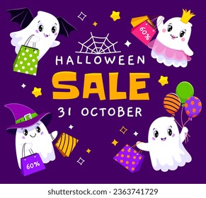 Halloween sale banner with cute kawaii ghosts and shopping bags. Vector special offer card or discount voucher of funny cartoon ghosts characters, witch hat, bat wings, air balloons and crown