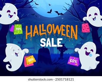 Halloween sale banner of cute kawaii ghost characters with shopping bags at cemetery. Halloween holiday seasonal sale special offer vector flyer or voucher with cartoon funny ghosts, moon and bats