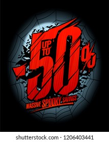 Halloween sale banner design concept, up to 50% off, massive spooky savings