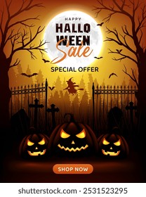 halloween sale banner design with illustration of pumpkin, bats, witch, tree and moon glowing on warm yellow background