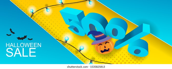 Halloween sale banner design layout 50% with pumpkin. Vector banner