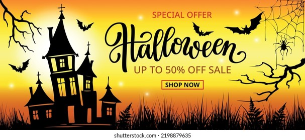 Halloween Sale banner design with lettering, castle, bats and spider on orange background. Vector design template for offer, coupon, flyer, celebration banner, voucher. Vector illustration.