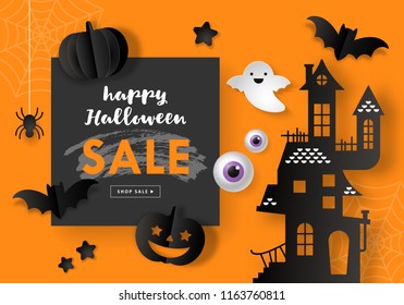 Halloween sale banner design with paper cut jack o lantern and decorations background. Vector illustration