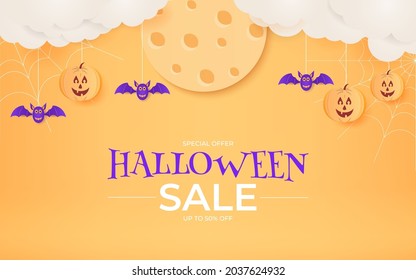 Halloween sale banner design with paper cut style for promotion.