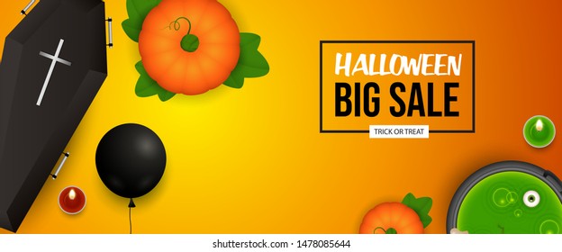 Halloween Sale banner design with pumpkin, coffin and candle on orange background. Lettering can be used for posters, leaflets, flyers