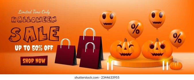 halloween sale banner design with pumpkin, ghost, bat and balloons on orange background