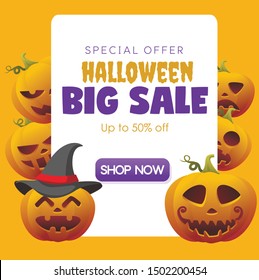 Halloween Sale banner design tempale, with pumpkin character