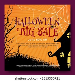 Halloween sale banner featuring a haunted house and spooky trees. Perfect for promoting Halloween discounts and offers.