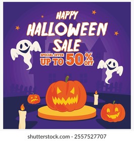 Halloween sale banner featuring spooky ghosts, jack o lanterns, and discount details. Perfect for holiday promotions and festive advertising campaigns. Flat vector modern illustration 