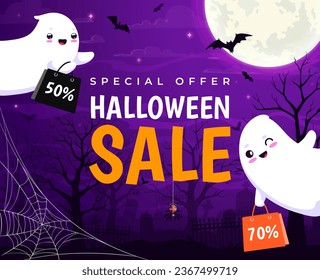 Cartel de la venta de Halloween con fantasmas de kawaii. Anuncio vectorial antecedentes para la oferta especial de descuento de otoño de temporada con encantadores libros de dibujos animados en cementerio nocturno con siluetas de cementerio y luna