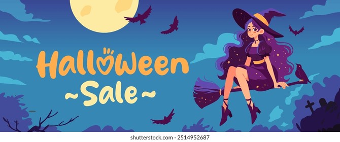 Anuncio de venta de Halloween. Bruja voladora en un palo de escoba y cuervo negro. Ilustración vectorial de dibujos animados. Fondo con cielo nocturno, luna grande y cuervos.