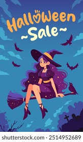 Halloween sale banner. Flying witch on a broomstick and black crow. Cartoon vector illustration. Background with night sky, bats and crows.