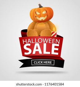 Halloween sale. Banner in the form of ribbons with pumpkin Jack