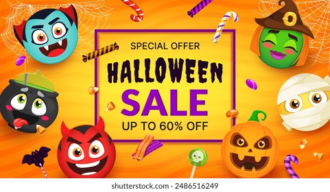 Halloween sale banner with funny holiday emoji faces or cute kawaii monsters, cartoon vector. Halloween 60 percent off discount or promo sale banner with funny boo emoji mummy, devil and witch