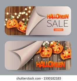 Halloween sale banner or gift card. Holiday event banner advertisement. Pumpkin heads and faces on wood board plank background covered by a pilling off paper. Vector illustration.