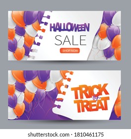 Halloween Verkaufs-Banner oder Geschenkkarte. Werbegestaltung. Feiertagsveranstaltung Vektorgrafik mit orangefarbenen und violetten Ballons probieren oder ziehen.