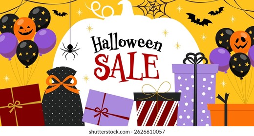 Halloween sale banner with gifts and balloon decorations_with text_vector illustration