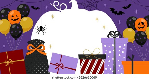 Halloween sale banner with gifts and balloon decorations_Vector illustration