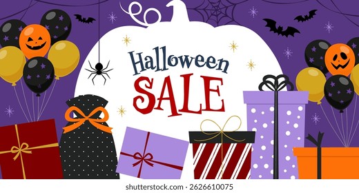 Halloween sale banner with gifts and balloon decorations_with text_vector illustration