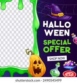 Halloween sale banner with green slime frame for discount offer, vector spiderweb background. Halloween holiday sale promotion banner with pumpkin, witch hat and potion or toadstool with slime frame