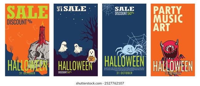 halloween sale banner. Greeting cards, posters, sale banners, flyers and invitations. Halloween spooky night with ghost, skull, spider, and cute devil. vector	