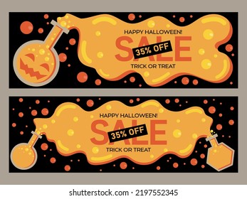 Halloween Sale banner. Sale Banner for Happy Halloween holiday with lettering on geometric background with monster pumpkins.Discount card for web,poster,flyers,ad,promotions,blogs,social media,marketi