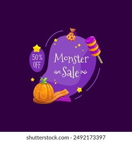 Anuncio de venta de Halloween con dulces de caramelo de vacaciones y calabaza, oferta de descuento de Vector. Anuncio promocional de descuento y venta de monstruos de Halloween para 50 por ciento de descuento con dulces de caramelo truco o trato