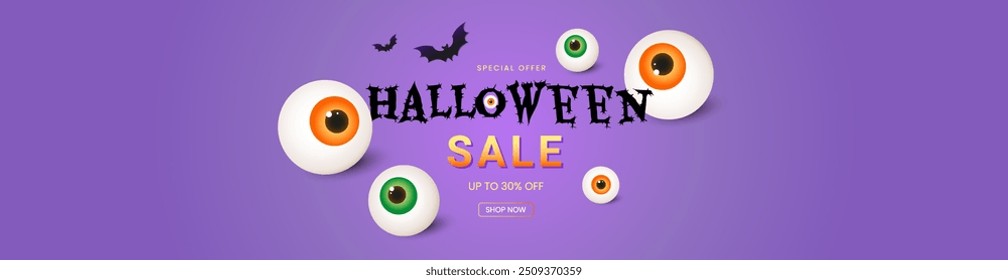 Halloween sale banner with Holiday cutest elements on purple background. Design template for advertising, web, social media. Vector illustration in cut paper style