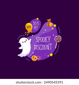 Halloween sale banner with holiday sweets and candy, kawaii ghost and amoeba blob. Isolated vector tag for seasonal discount with cute baby soul character holding boo balloon and festive desserts