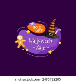 Anuncio de venta de Halloween con dulces navideños, bastón de caramelo, hombre esqueleto de pan de jengibre y sombrero de bruja a rayas en ameba blob. Etiqueta, insignia o Anuncio púrpura de Vector aislado para descuentos con postres festivos