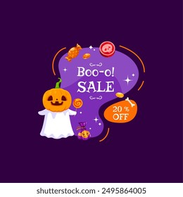 Anuncio de venta de Halloween con dulces y dulces de vacaciones, fantasma kawaii, mancha de ameba y calabaza. Insignia de la venta festiva del Vector aislado, o etiqueta con el fantasma adorable lindo que pone la máscara de la linterna del gato y la piruleta