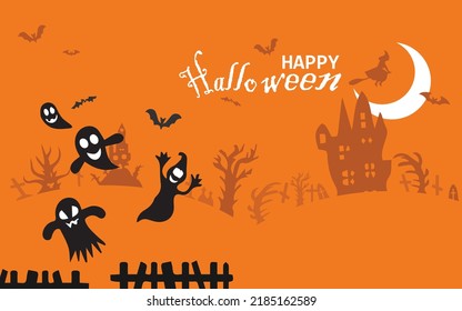 Halloween sale banner horizontal. Holiday promotion banner with flying ghost, ghost, black spider and bat, scary pumpkin, zigzag and confetti on orange background, vector illustration.
