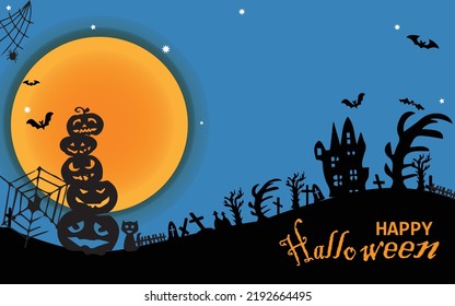 Halloween sale banner horizontal. Holiday promotion banner with flying ghost, ghost, black spider and bat, scary pumpkin, zigzag and confetti on orange background, vector illustration.