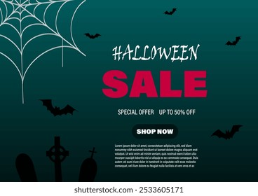 Plano de fundo da ilustração do banner de Halloween Sale. Modelo de design Vetor Holiday com letras de tipografia para oferta, cupom, banner de celebração