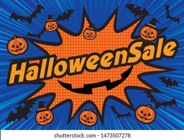 Halloween sale banner illustration, design (English). Concentrated lines background and Halloween logo, pumpkin &bats ghost.