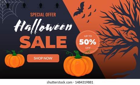 Halloween Sale banner illustration with pumpkins, flying bats and trees. Vector Holiday design template for mobile and social media banner, for offer, coupon,  marketing material. Vector illustration