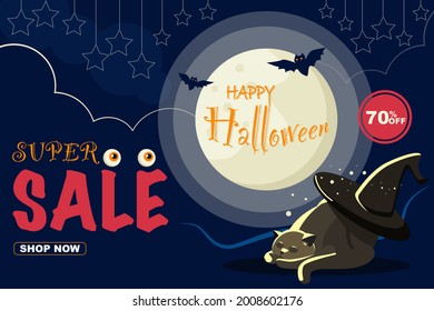 Halloween sale banner. The inscription, the witch hat, the cat, the eyes, the moon and the bats. Happy halloween vector illustration.