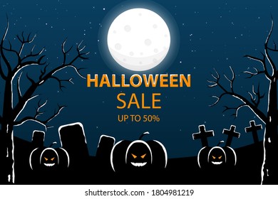 Halloween sale banner with Jack O' Lantern pumpkin, headstones, cross, tree, stars and moon light. Vector illustration background for party invitation, greeting card, web, social media.