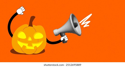 Banner de venda de Halloween com Jack O`Lantern segurando alto-falante de meio-tom. Colagem moderna com abóbora esculpida e corno de touro. Elementos do jornal. Feliz Halloween Publicidade e anúncio banner