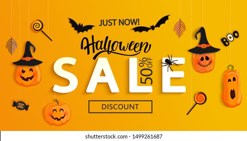Halloween Sale banner. Just now Discount poster with holiday symbols pumpkins characters, bat and candy. Invitations for big shopping.Template for web, print,offers, promotions.Vector illustration.
