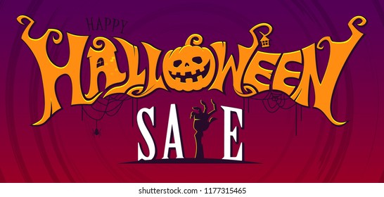 Halloween Sale banner with lettering design and pumpkin, zombie hand, spider symbolic , Vector illustration
