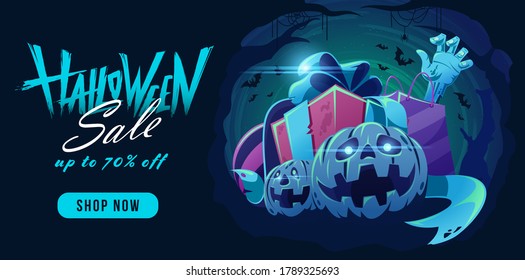 Halloween Sale banner with lettering design and pumkpin, zombie hand, spider symbolic , Vector illustration