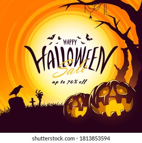 Halloween Sale banner with lettering design and pumkpin, zombie hand, spider symbolic , Vector illustration