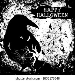 Halloween Sale banner with lettering and detailed engraving background. Pumpkin, crow, skull, cat hand drawn elements. Great for voucher, offer, coupon, holiday sale.