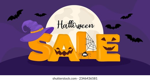 Halloween Sale banner with letters Sale and holiday symbols pumpkin and witch hat. Design for banner, voucher, offer, coupon, holiday sale. Vector illustration